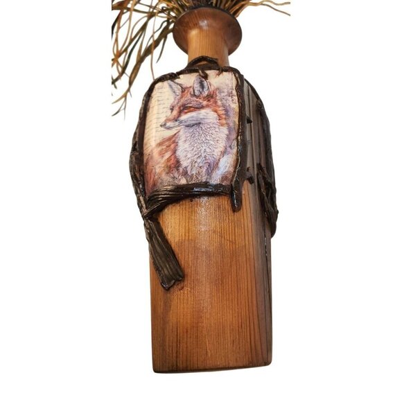 Wooden Fence Post Vase With Fox Design & Faux Grass Grain Arrangement 28" tall W - Picture 8 of 15